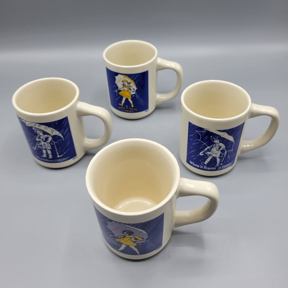 Morton Salt Vintage Mug Set Of 4 Ceramic Coffee Cups 1914 1921 1956 1968 Designs - Picture 3 of 16